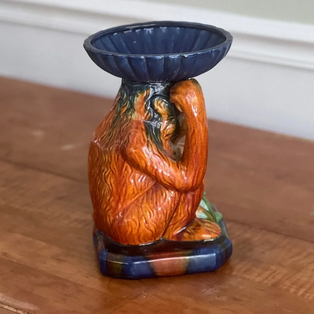 Majolica Monkey Figural Candle Holder Scalloped Bowl Blue Orange‎ Glazed Vintage